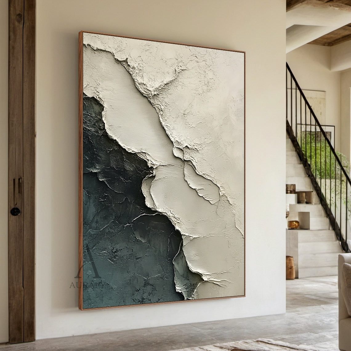 Abstract Landscape Art Impasto Cracked Texture Beige Black Wabi-Sabi Tactile Canvas Wall Decor AURA440