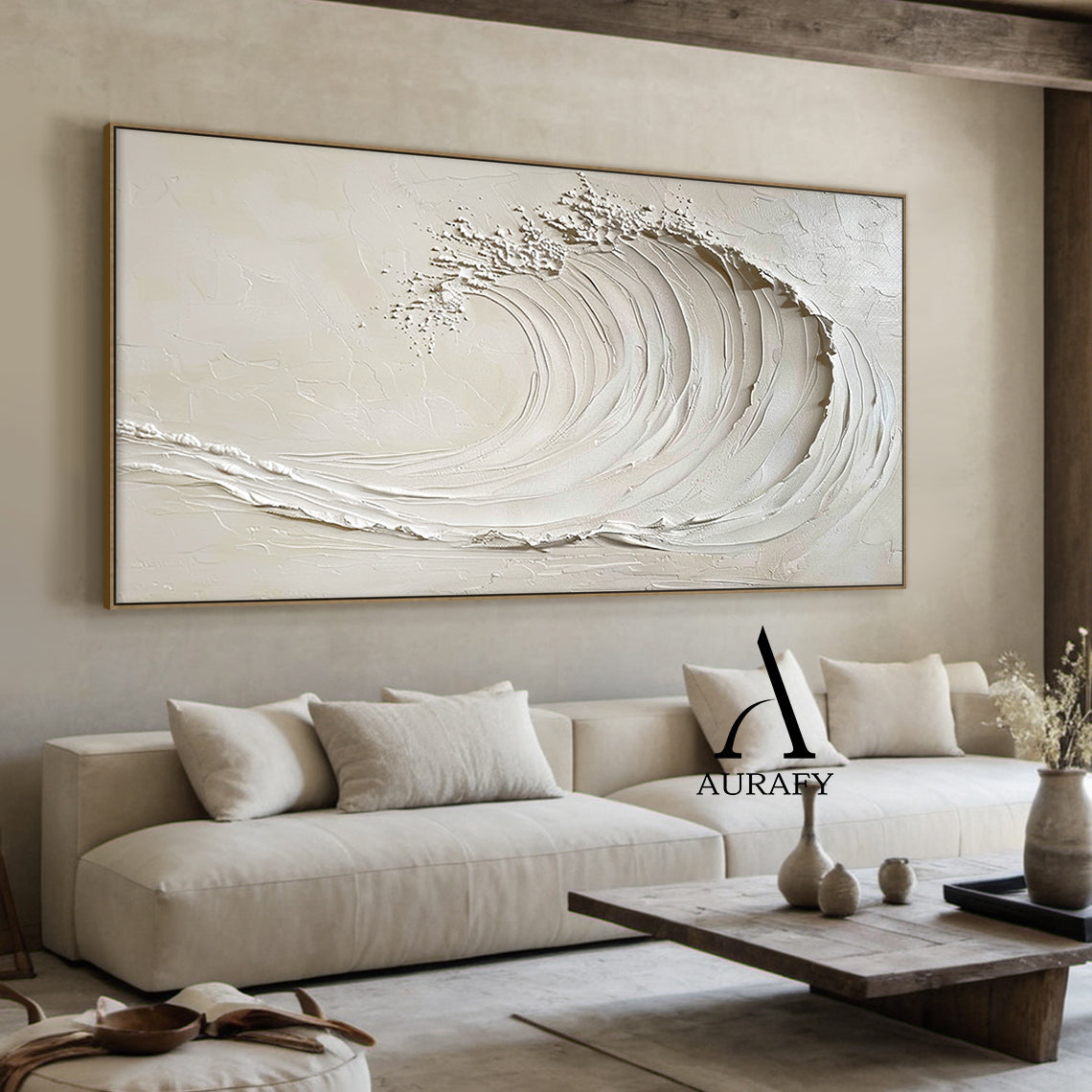3D Textured Beige AurafyArt Wave Painting Impasto Knife Strokes Sculpted Tactile High-Relief Minimalist AURA534