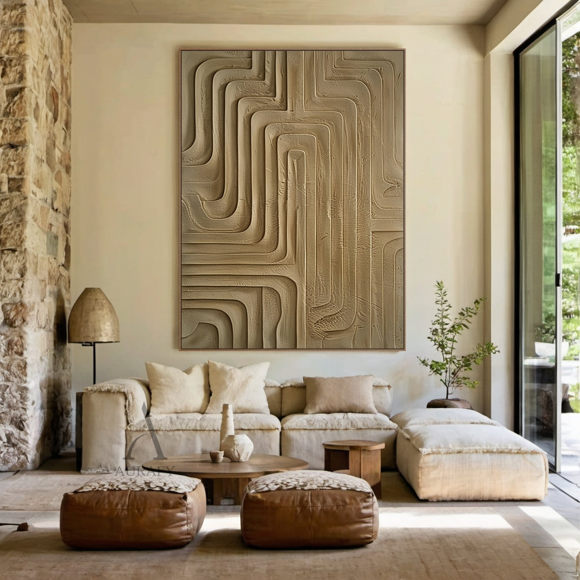 Minimalist Wall Art Brown High-Relief Plaster Tactile Surface Sculpted Geometric Lines Minimalist Luxe Decor AURA432