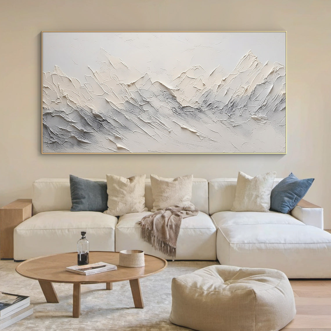 Minimalist Mountain Texture Canvas – Cream & Cool Gray Painting – AURA037(Horizontal)