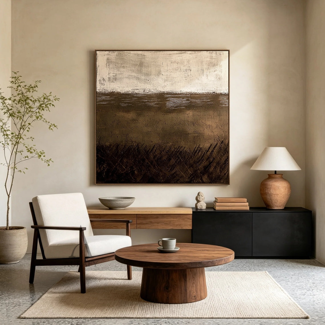 Dusk Horizon, Brown Beige Wabi Sabi Textured Painting AURA869