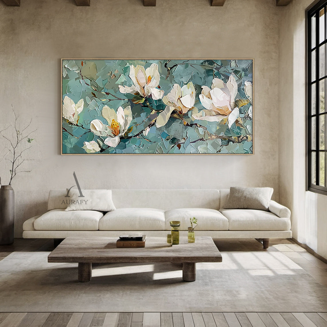 3D Textured Magnolia Painting Knife Strokes High-Relief Blue Green Tactile Modern Artwork AURA418