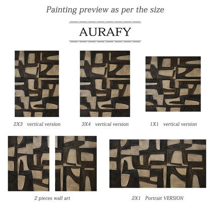 Plaster Textured Abstract Wall Art Black Brown Wabi-Sabi Japandi Minimalist Geometric Tactile Handcrafted Canvas Decor AURA769