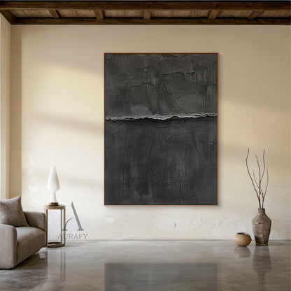 Minimalist Black Wall Art Cracked Tactile Surface High-Relief Wabi-Sabi Inspired Decorative Artwork AURA427