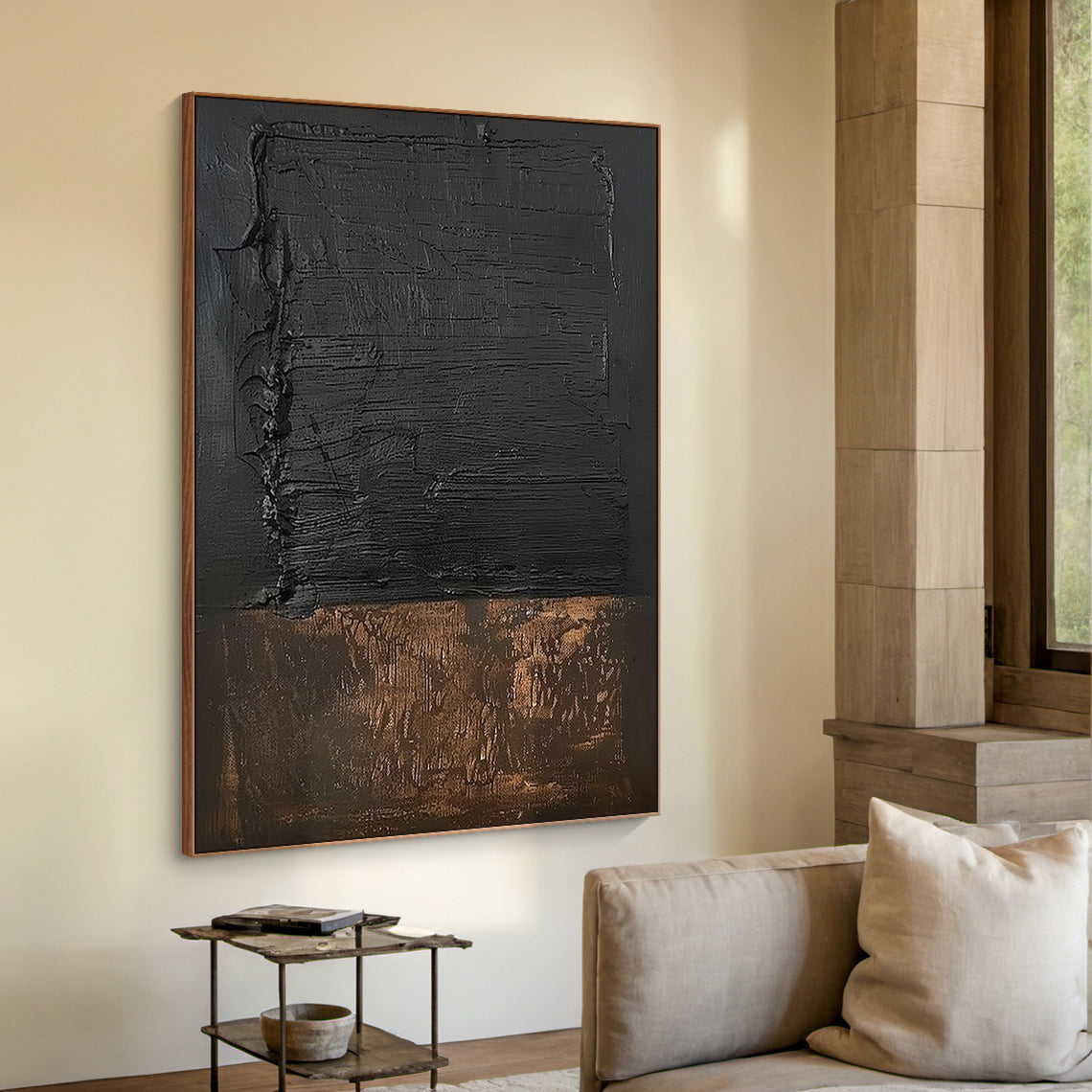 Wabi Sabi Black Brown Abstract Art with Thick Paint Distressed Edges Tactile Surface AURA579