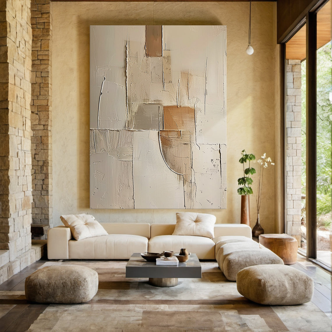 Wabi Sabi Beige Brown Impasto Artwork Tactile Surface Sculpted Canvas Irregular Block Design AURA577