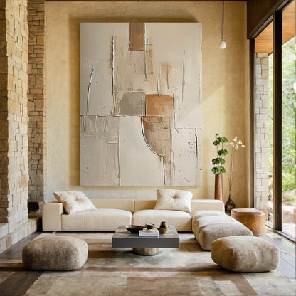 Wabi Sabi Beige Brown Impasto Artwork Tactile Surface Sculpted Canvas Irregular Block Design AURA577