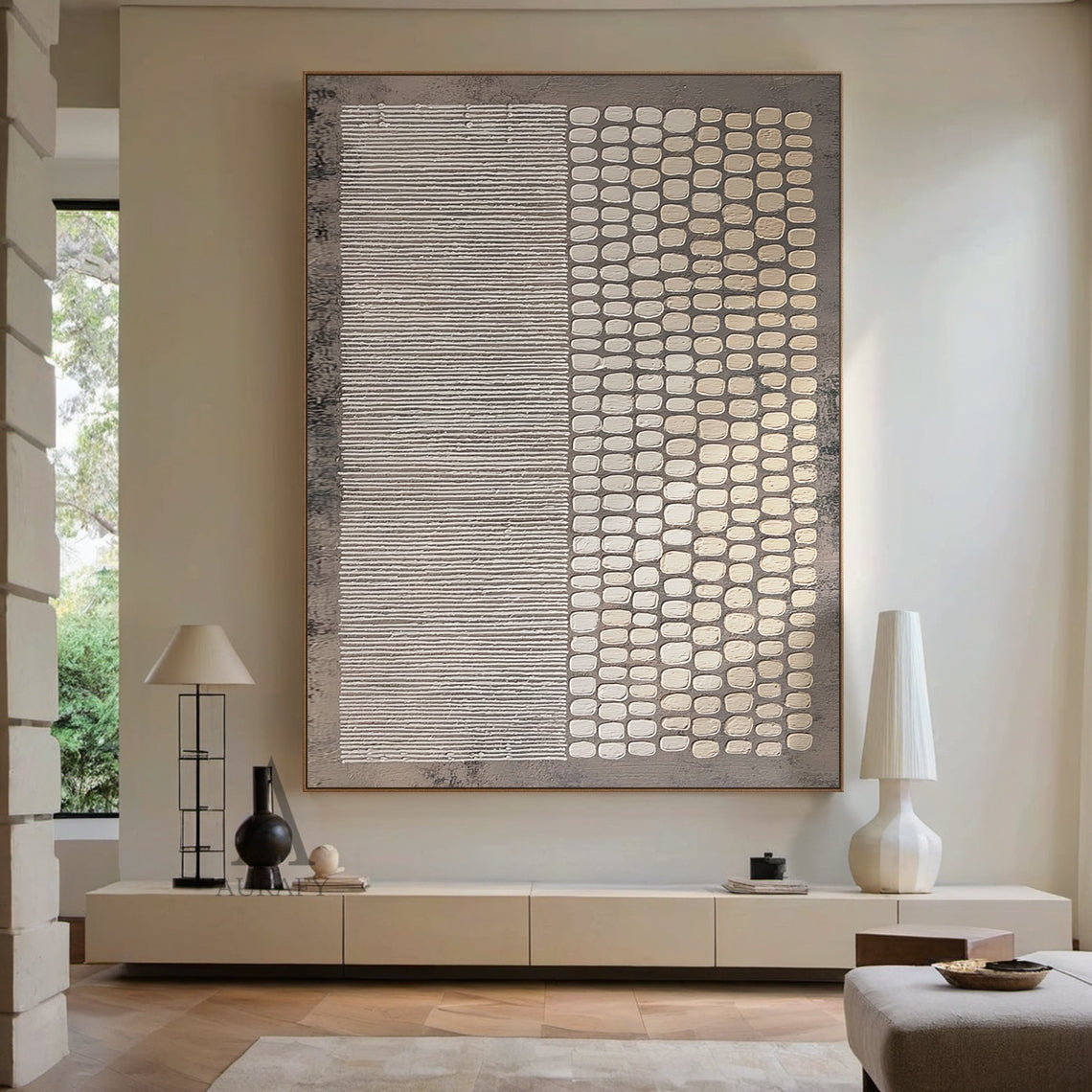 General Abstract Brown Gray Handcrafted Impasto Tactile Art with Linear and Organic Patterns AURA601