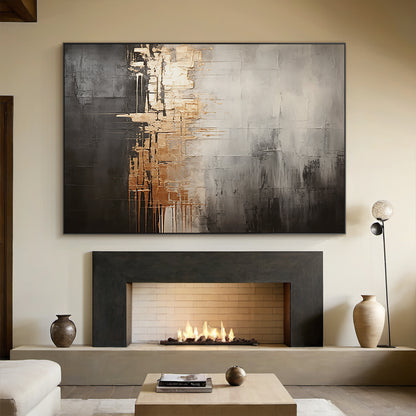 Metallic Drip Abstract Painting – Charcoal, Silver & Gold Tones – AURA030(Square)