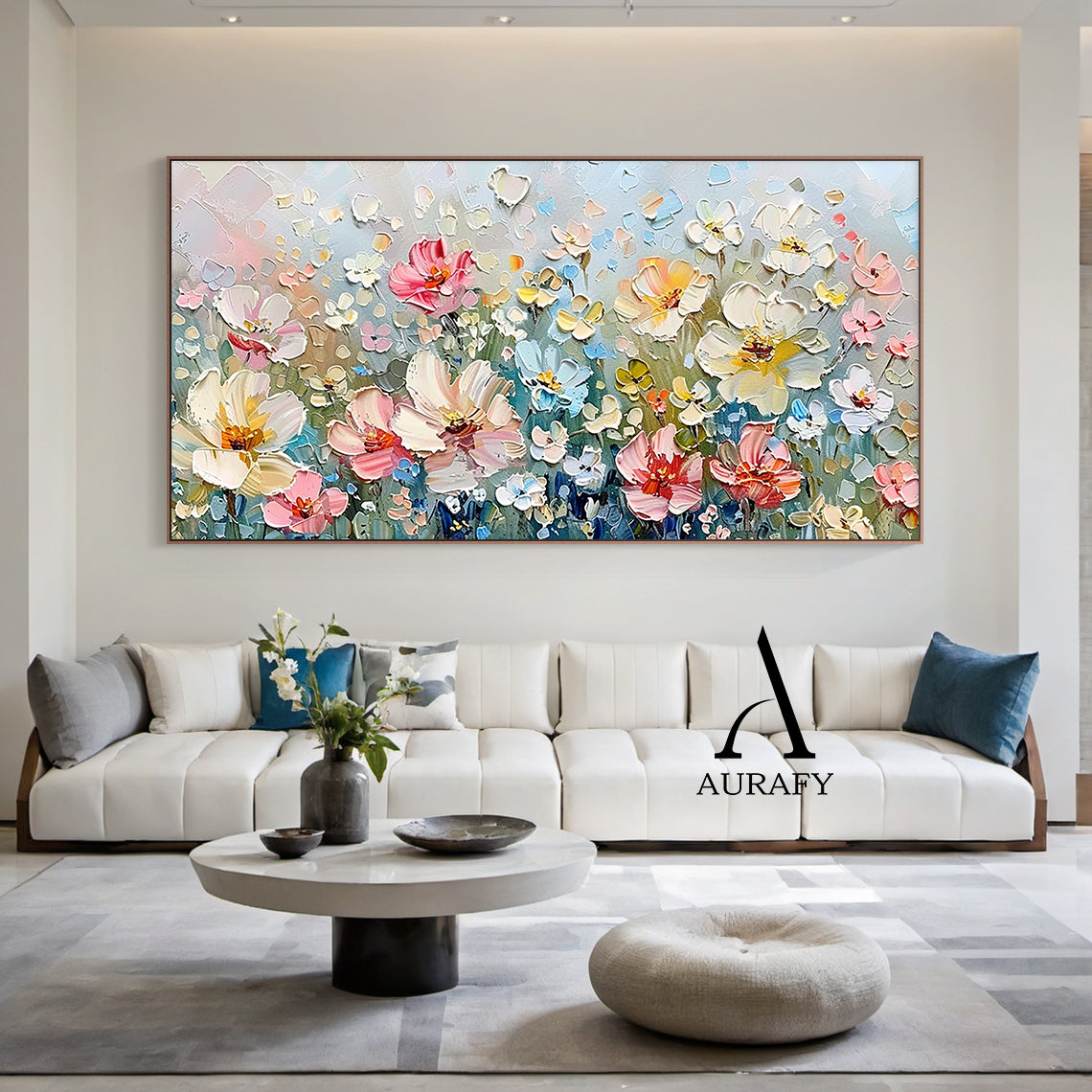 3D Textured Flower Painting Thick Impasto Blue Pink Sculpted Petals Knife Strokes Artwork AURA573
