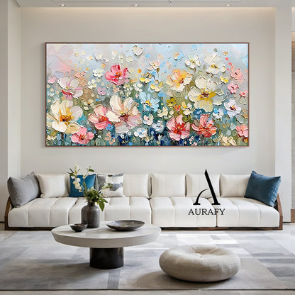 3D Textured Flower Painting Thick Impasto Blue Pink Sculpted Petals Knife Strokes Artwork AURA573