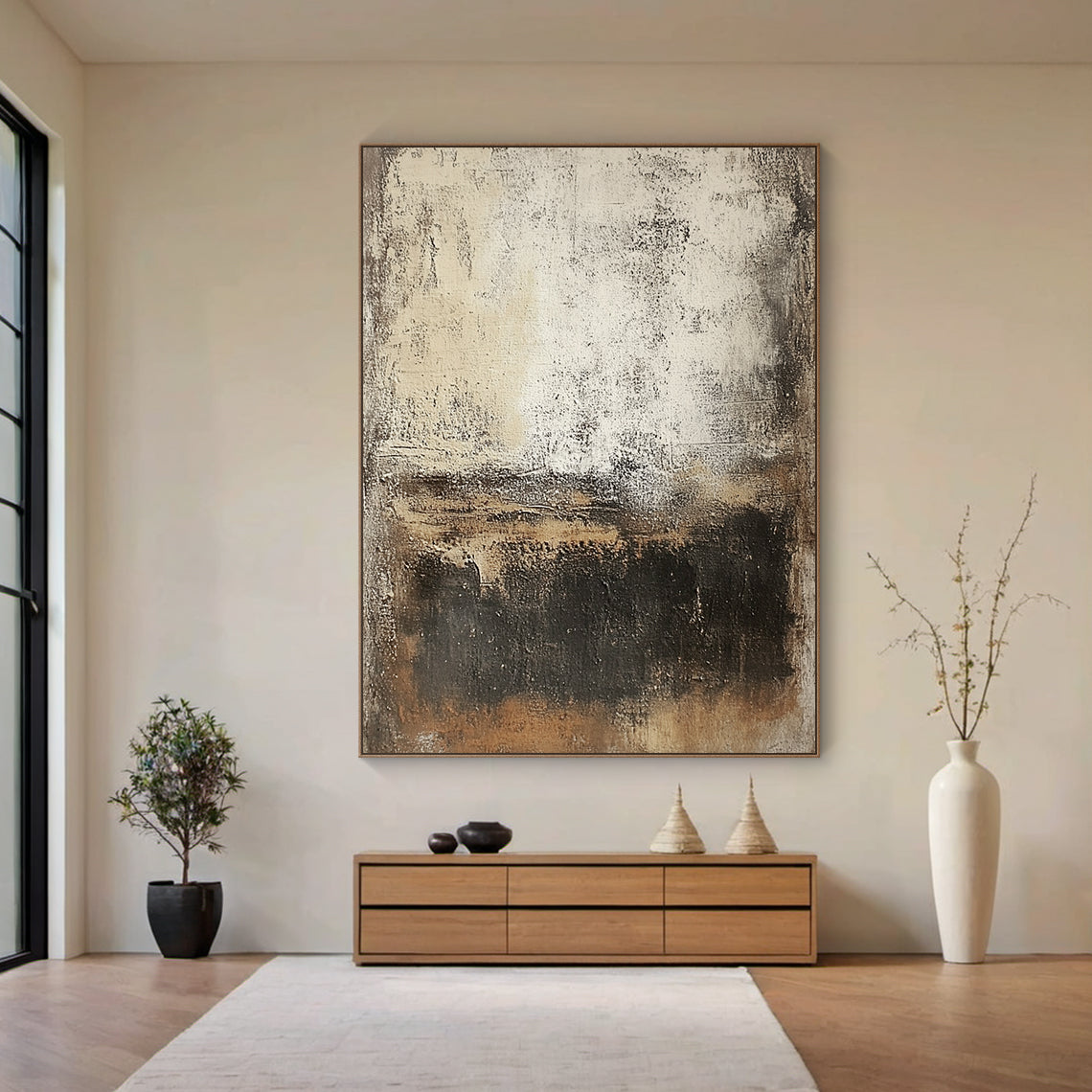 Wabi Sabi Abstract Art Beige Black Distressed Tactile Plaster-like Organic Wall Decor AURA591