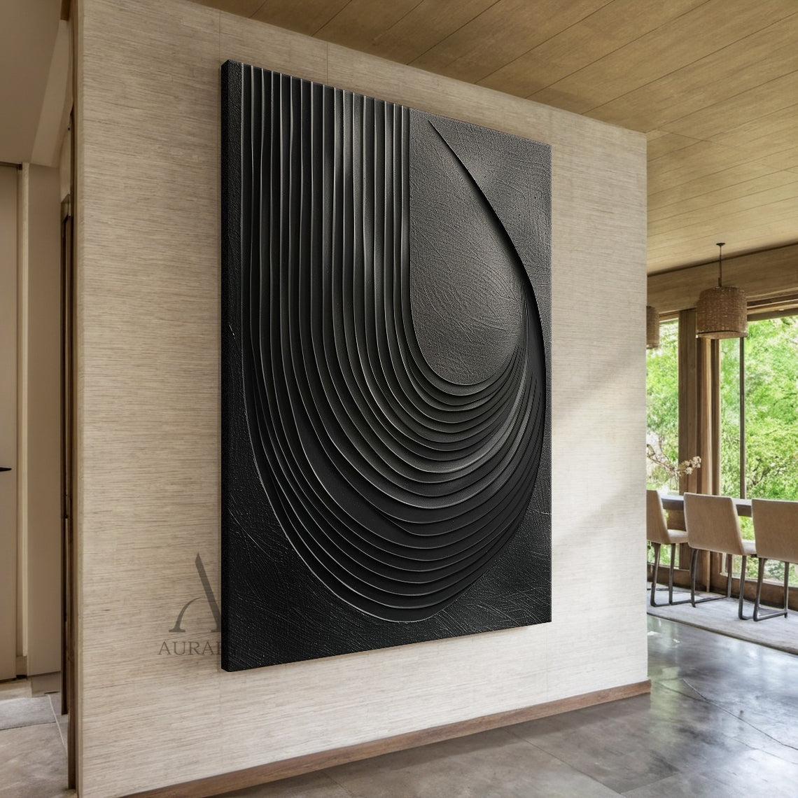 Minimalist Black Wall Art High-Relief Layered Curves Tactile Surface Modern Minimalist Piece AURA428