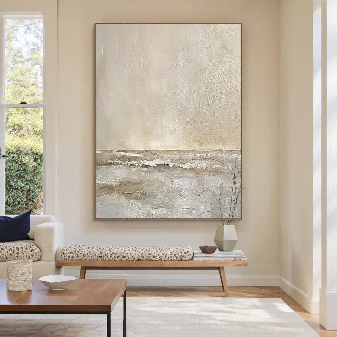 Dreamy Seascape Painting – Misty Taupe & Cream – AURA043(Vertical)