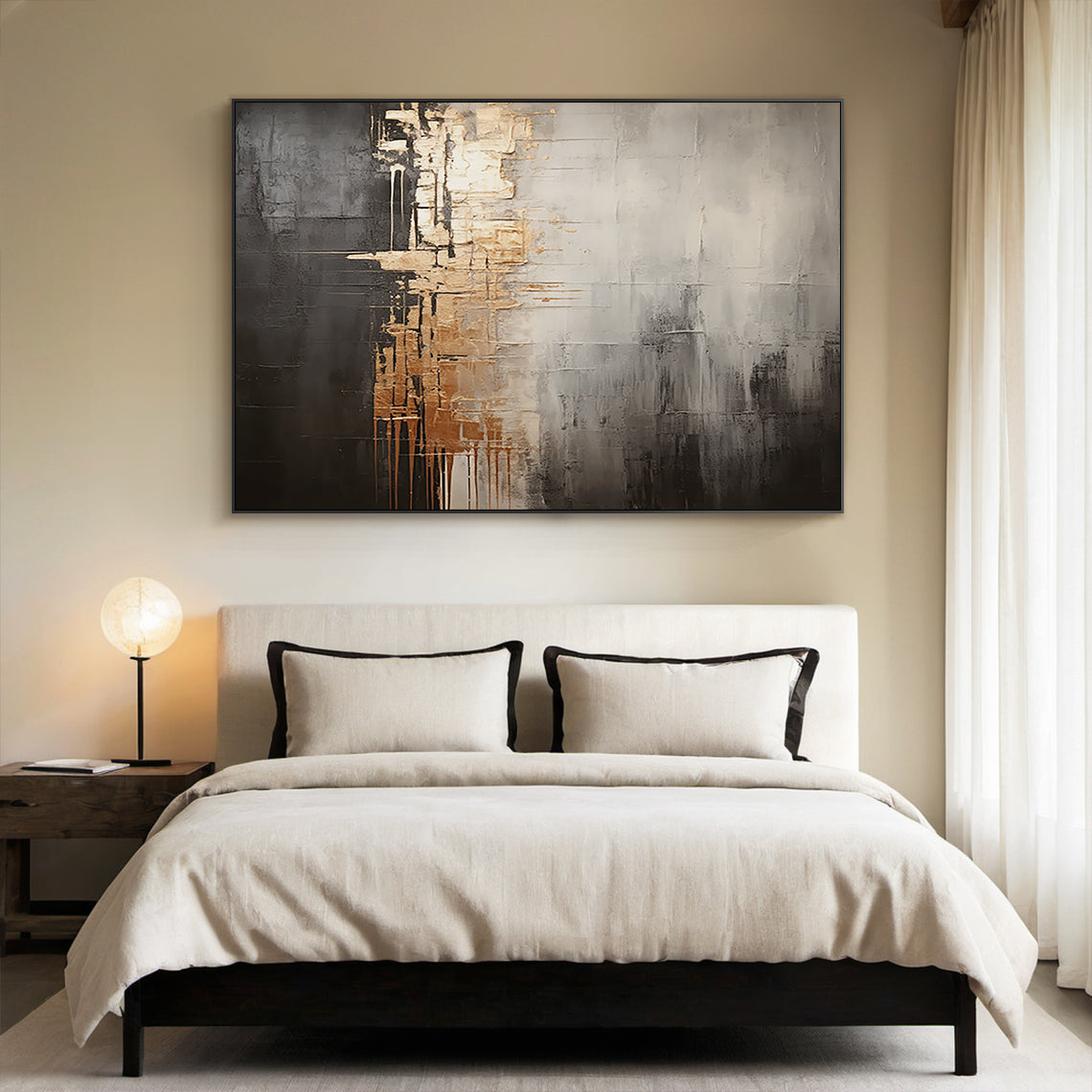 Metallic Drip Abstract Painting – Charcoal, Silver & Gold Tones – AURA030(Square)