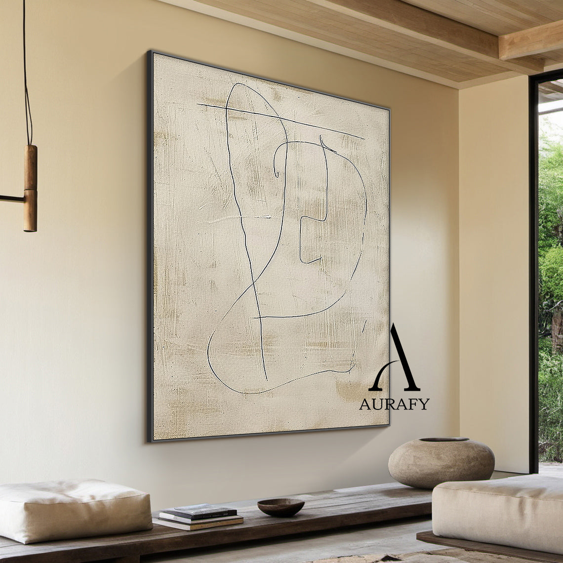 Minimalist Beige Plaster Textured Line Art Japandi Abstract Neutral Wall Decor Modern Organic Canvas Artwork AURA542