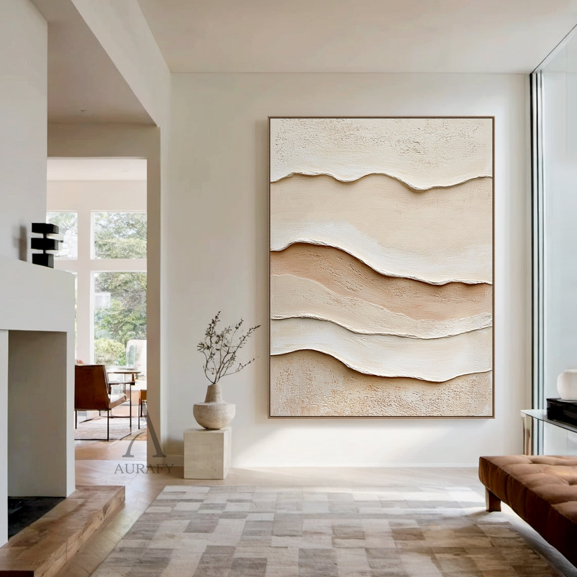 3D Textured Beige Painting Tactile Plaster Surface Sculpted Wave Modern Organic Wabi-Sabi Artwork AURA435