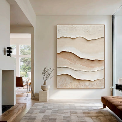 3D Textured Beige Painting Tactile Plaster Surface Sculpted Wave Modern Organic Wabi-Sabi Artwork AURA435