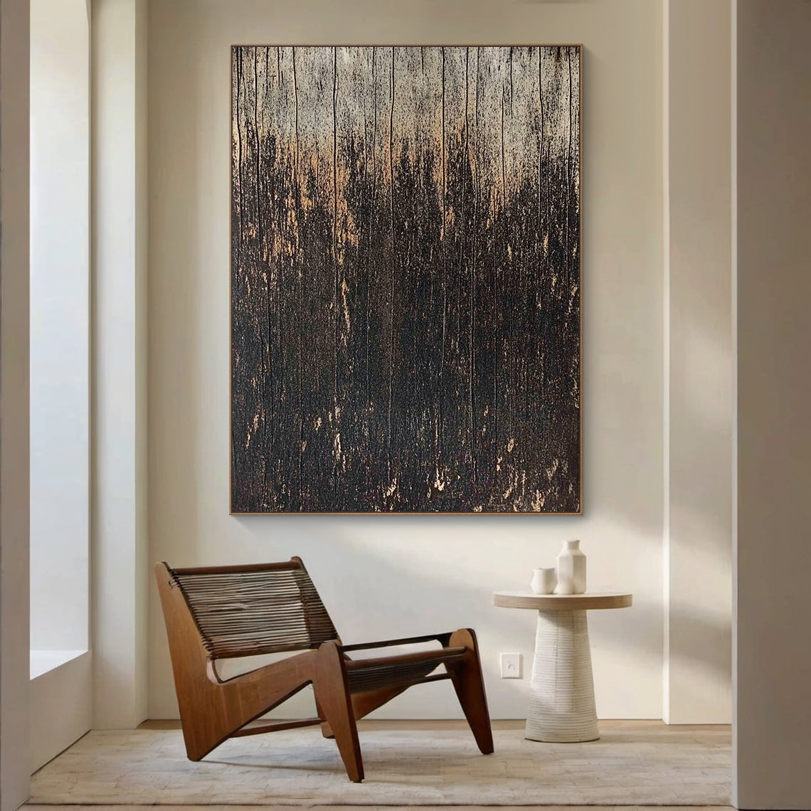 Wabi Sabi Distressed Wood Grain Black Brown Weathered Vertical Texture Artwork with Chipped Patina AURA592
