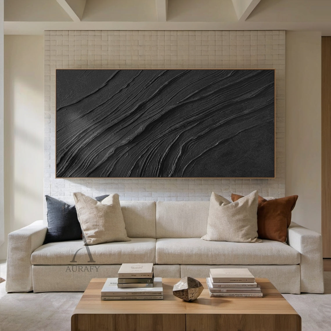 Minimalist Black Wall Art Sculpted Wave-Layered Tactile High-Relief Modern Organic Decor Piece AURA449