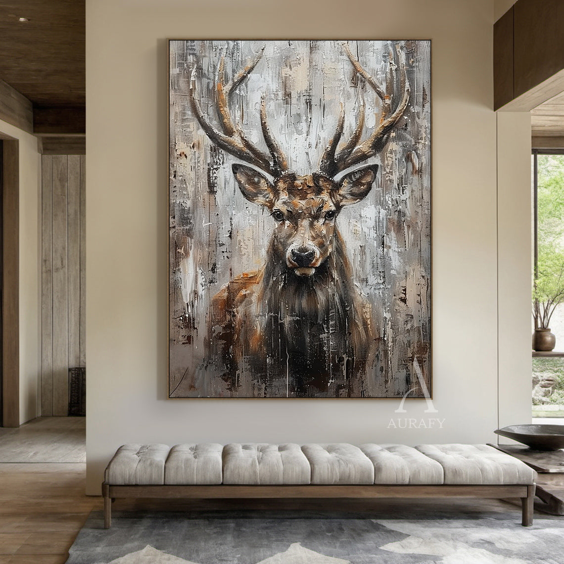 Wabi-sabi Large Textured Brown Stag Animal Oil Painting Canvas Wall Art-AURA339