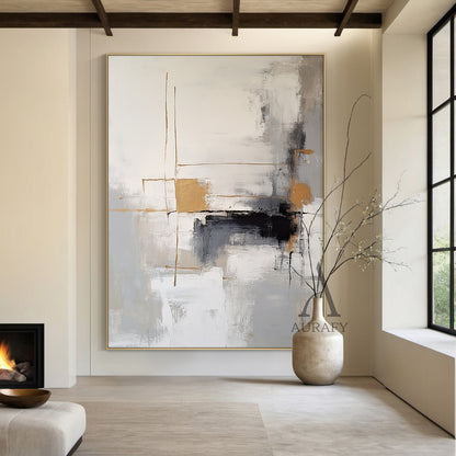 Modern Abstract Gray White Tactile Brushstroke Gold Accent Minimalist Luxe Wall Art AURA493