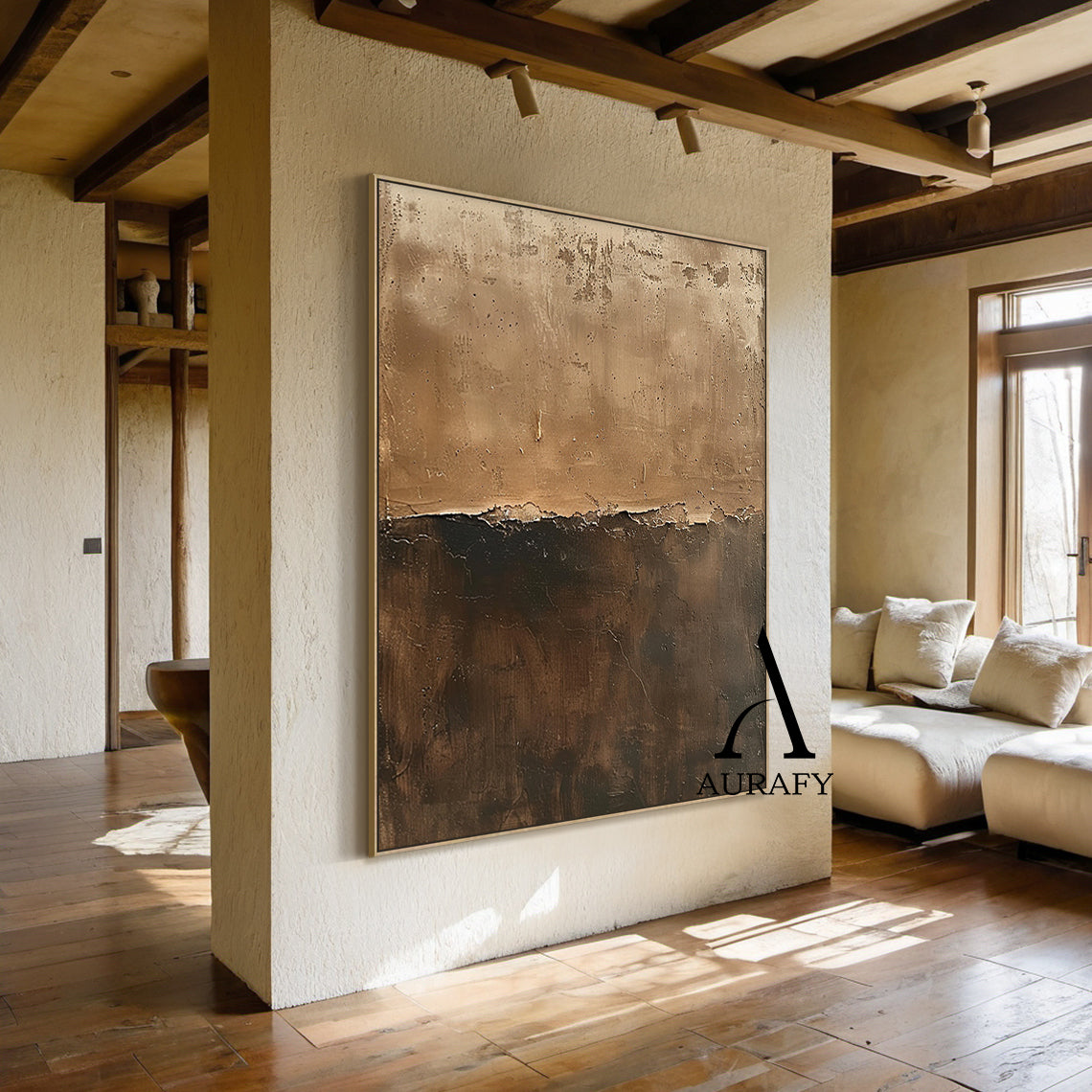 Wabi Sabi Brown Plaster Textured Abstract Art with Cracked Peeling Edges Tactile Surface AURA555