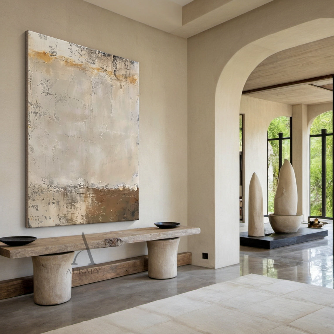Pale Beige Abstract Painting with Weathered Ochre Traces - AURA844