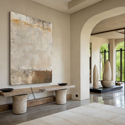 Pale Beige Abstract Painting with Weathered Ochre Traces - AURA844