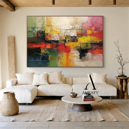 3D Textured Abstract Painting with High-Relief Plaster Tactile Surface Pink Green Yellow Knife Strokes AURA571