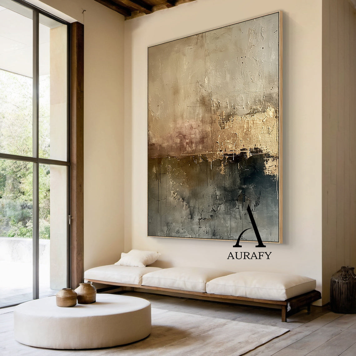 Wabi Sabi Brown Abstract Art Tactile Layered Paint Gold Flecks Scratch Marks Drip Texture AURA557