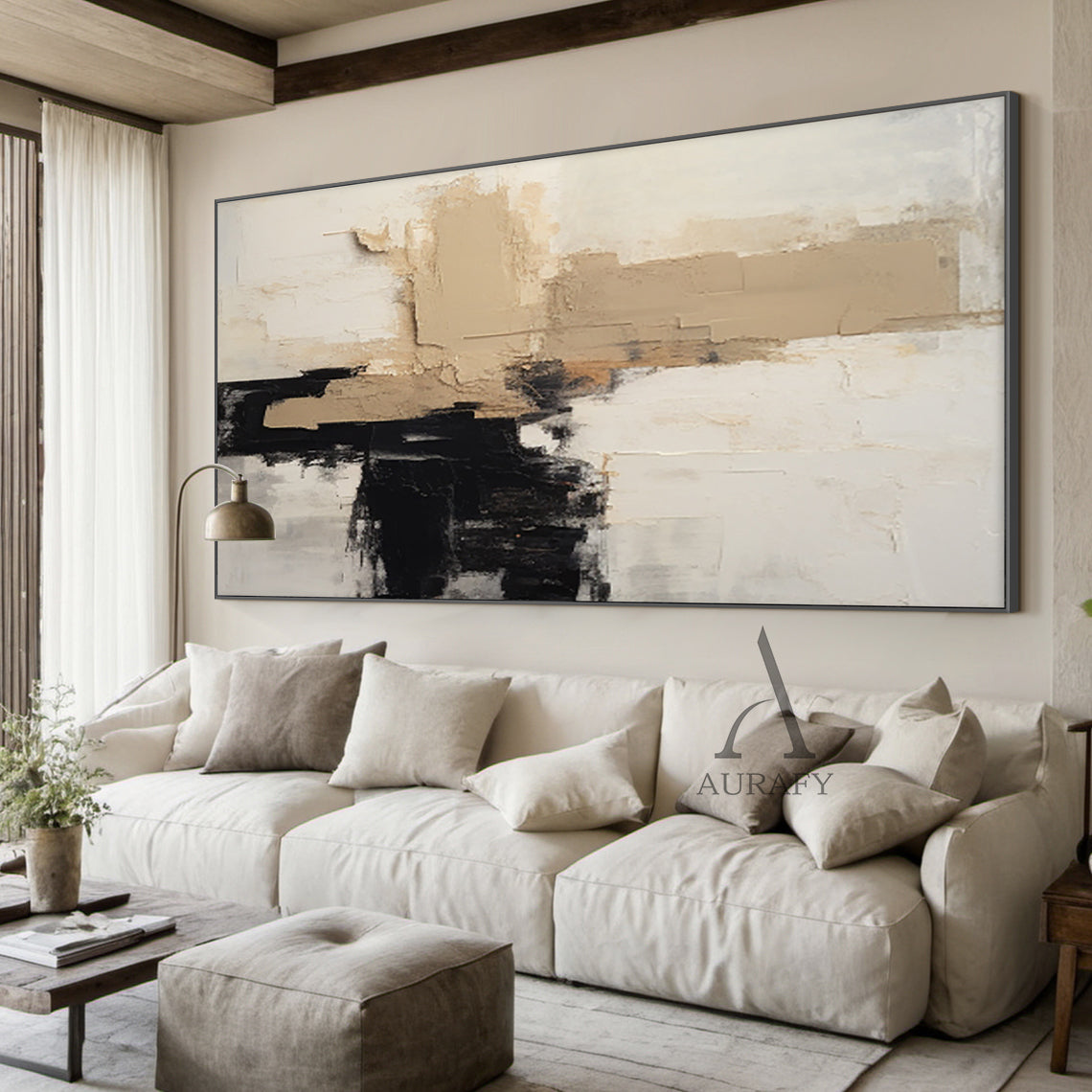 Abstract Beige White Black Plaster Textured Tactile Surface Modern Minimalist Knife Strokes Artwork AURA475