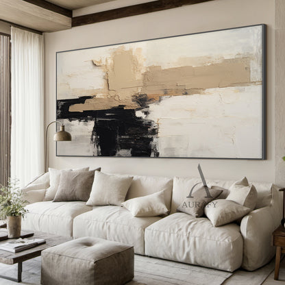 Abstract Beige White Black Plaster Textured Tactile Surface Modern Minimalist Knife Strokes Artwork AURA475