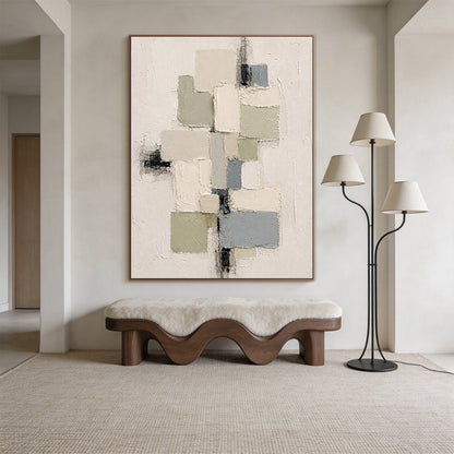 3D Textured Plaster Painting Wabi-Sabi Japandi Geometric Green Beige Knife Stroke Sculpted Canvas Wall Decor AURA753