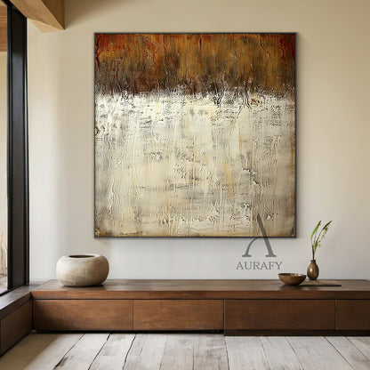 Beige Abstract Art with Tactile Plaster Texture Vertical Drips Weathered Patina Modern Organic AURA505