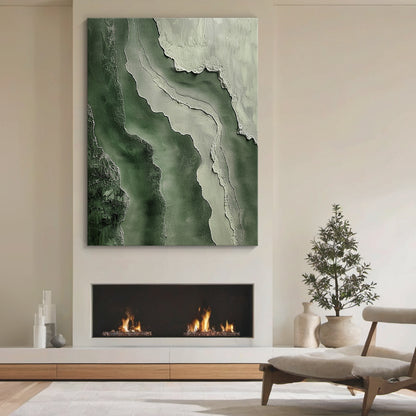 Abstract Textural Wall Art – Forest Green & Stone Layers – AURA041(Vertical)