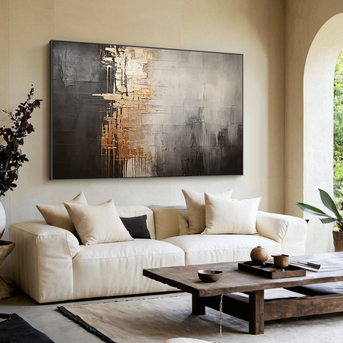 Metallic Drip Abstract Painting – Charcoal, Silver & Gold Tones – AURA030(Horizontal)