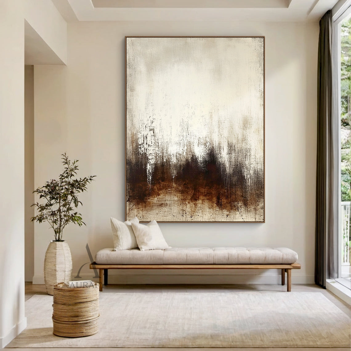 Abstract Beige Brown Art Tactile Vertical Stroke Wabi-Sabi Distressed Finish Modern Organic Wall Decor AURA606