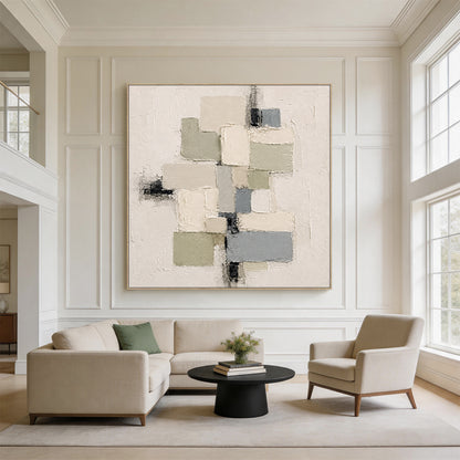 3D Textured Plaster Painting Wabi-Sabi Japandi Geometric Green Beige Knife Stroke Sculpted Canvas Wall Decor AURA753