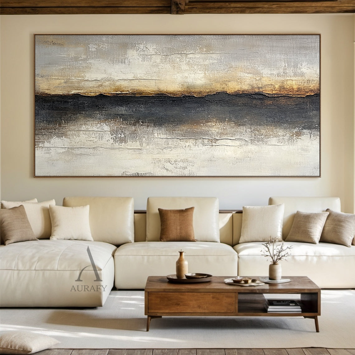 Beige and Black Abstract Ridge Wall Art with Ochre Accents - AURA823