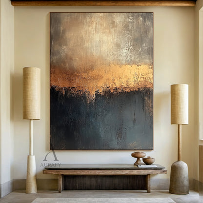 Brown and Deep Blue Abstract Painting with an Amber Color Break - AURA853
