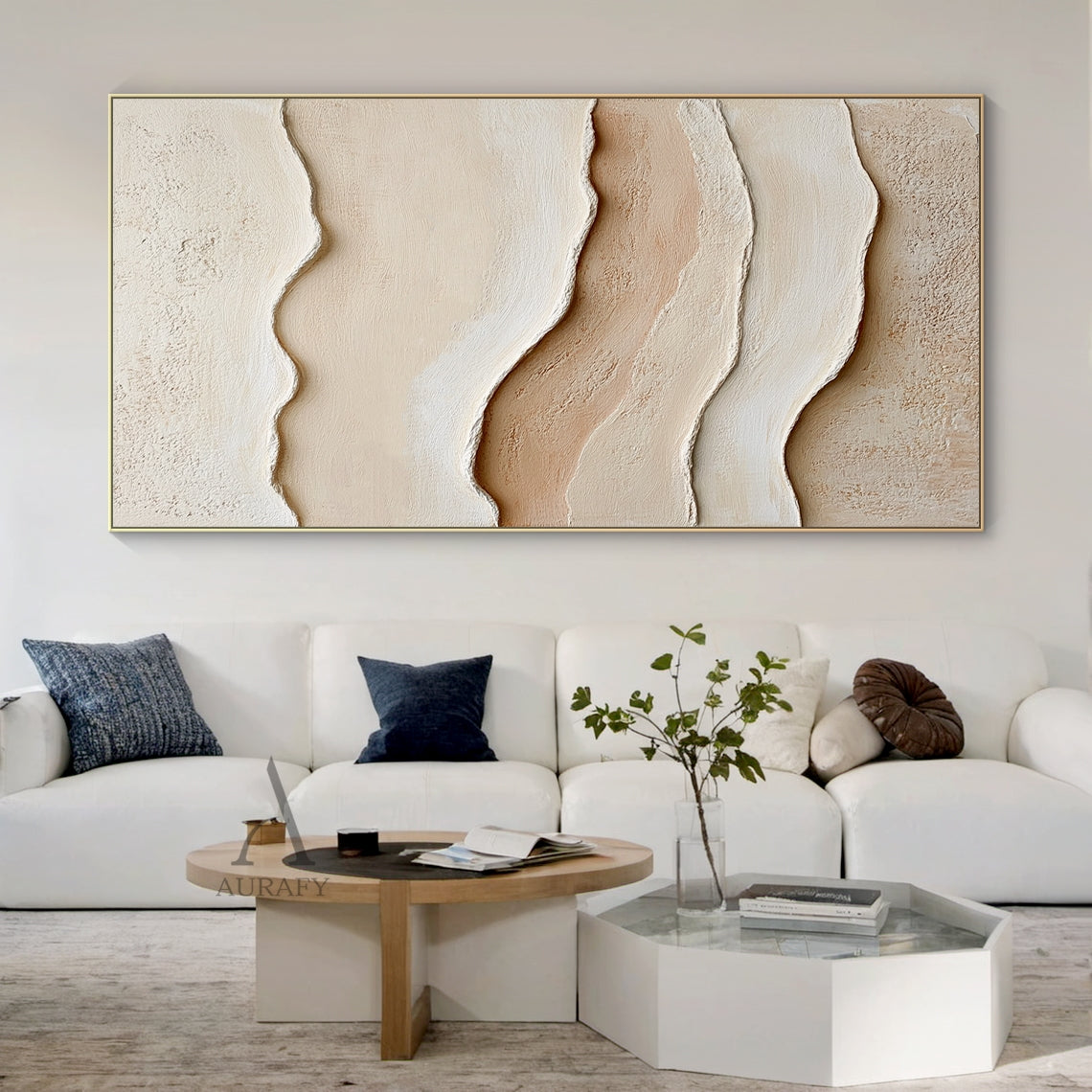 3D Textured Beige Painting Tactile Plaster Surface Sculpted Wave Modern Organic Wabi-Sabi Artwork AURA435