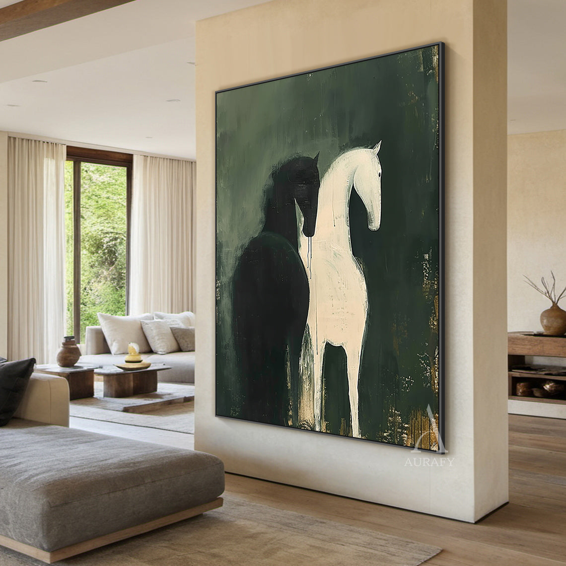 Large Scale Abstract Green Horse Oil Painting Textured Animal Wall Art-AURA340