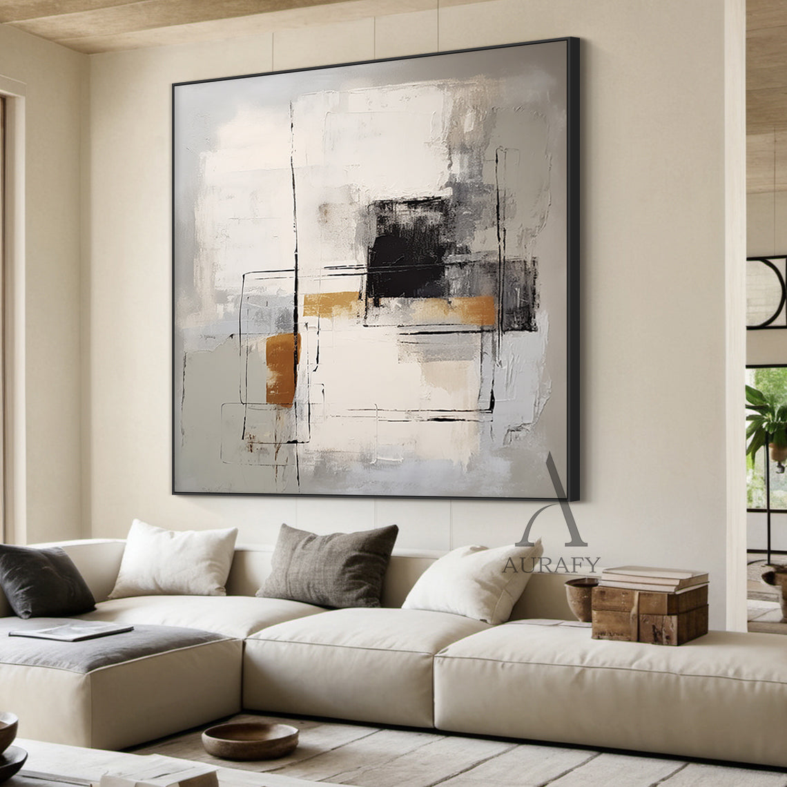 General Abstract Art Gray White Black Hand-painted Oil Brush Stroke Minimalist Luxe Wall Decor AURA486