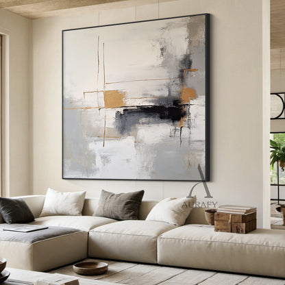 Modern Abstract Gray White Tactile Brushstroke Gold Accent Minimalist Luxe Wall Art AURA493