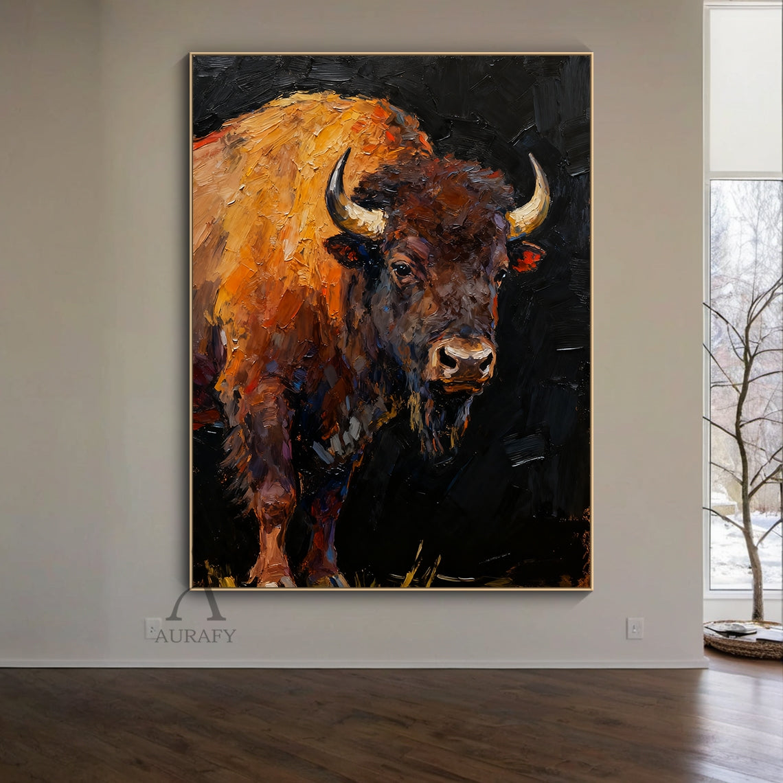 Brown Bison Oil Painting on Black Background - AURA652