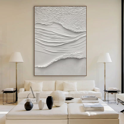White Sea Textured Artwork High-Relief Plaster Tactile Surface Sculpted Lines Modern Organic AURA443