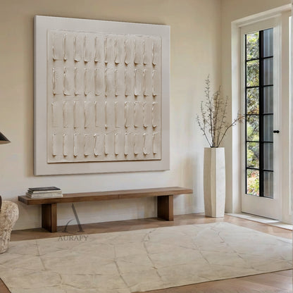 Beige Abstract Plaster Textured Art Sculpted Vertical Grid Tactile Minimalist Luxe Canvas AURA605