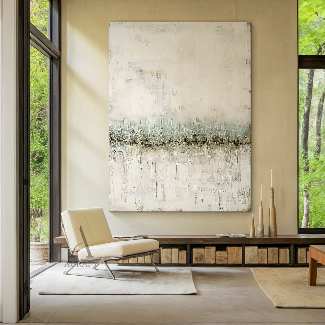 Wabi Sabi Beige & Sage Green Textured Abstract Wall Art | Japandi Minimalist Horizontal Canvas | AURA801