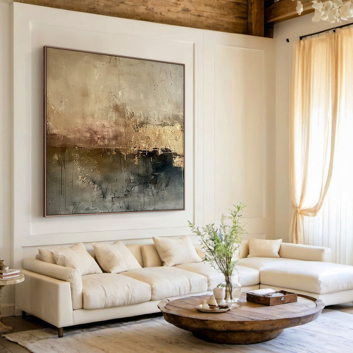 Ash Horizon-Black & Warm Beige Abstract Wall Art, Spatial Field-AURA083